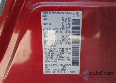 2014 Nissan Pathfinder Sl z USA, uszkodzony, nr VIN 5N1AR2MN4EC705669